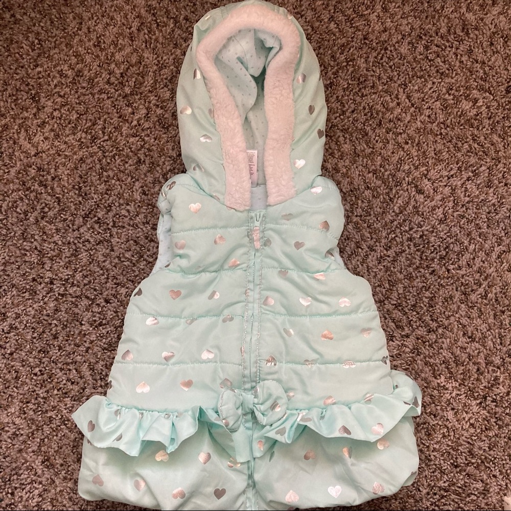 4T Little Me Girl Teal puffer vest Silver hearts